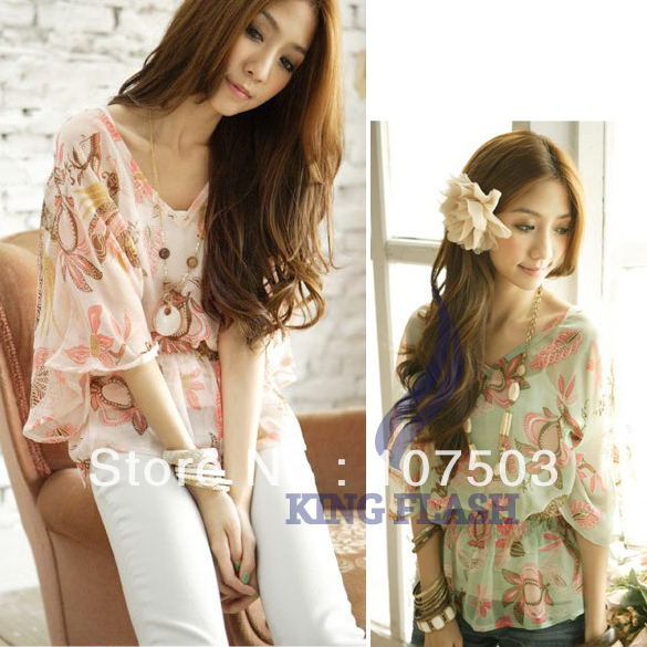 2012 New Fashion Womens Lady Chic Blouse Bat Sleeve Shirt Frill Chiffon Pink, Green Free Shipping 7061