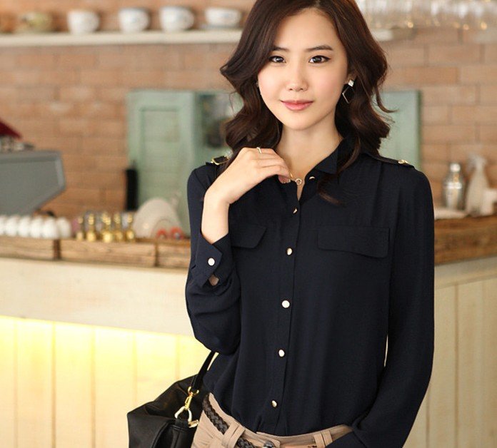 2012 new fashion Womens' professional OL style long sleeve chiffon Shirt Brand Blouse solid color  S M L XL free shipping