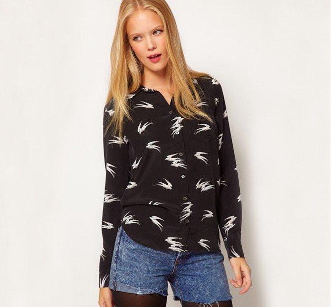 2012 new fashion womens' Swallow Print blouse with pocket long sleeve black elegant OL working blouse casual t shirt slim tops