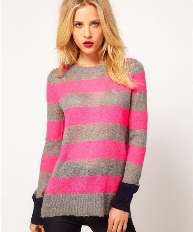 2012 New Fashion Womens' vantage Sweet Bright Colors Striped pullover round neck long sleeve Casual knitwear quality knitting