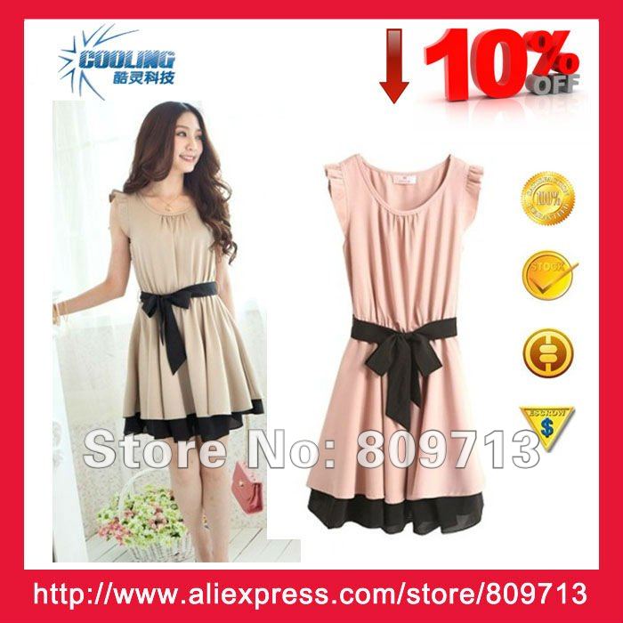 2012 New fashionable Korea style dress ruffle falbale with bow-tie skirt temperament dress with belt khaki & pink