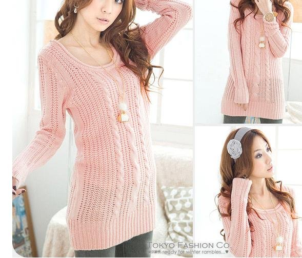 2012 New Free shipping long Korean style Hot Sale O-neck women pullover sweater Pink/White