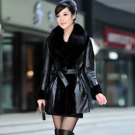 2012 new hot fashion special price more cotton women' leather and fur coat fox fur and mink leather long coat