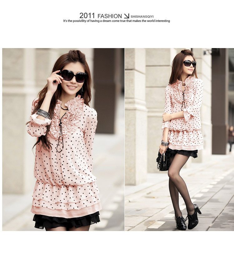 2012 New hot sale  Long sleeve dot fashion women dresses wholesale and retail free shipping Pink/grey/white 3 color