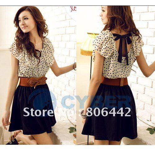 2012 New Japan Korean Women Fashion Short sleeve Dots Polka Mini Summer Chiffon Dress 3Sizes Free Shipping