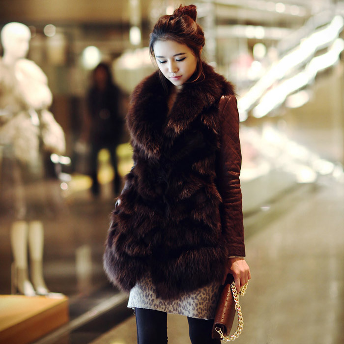 2012 new korea real Fox fur coat, slim with belt women's medium-long genuine leather jacket,women winter coat.fashion jacket