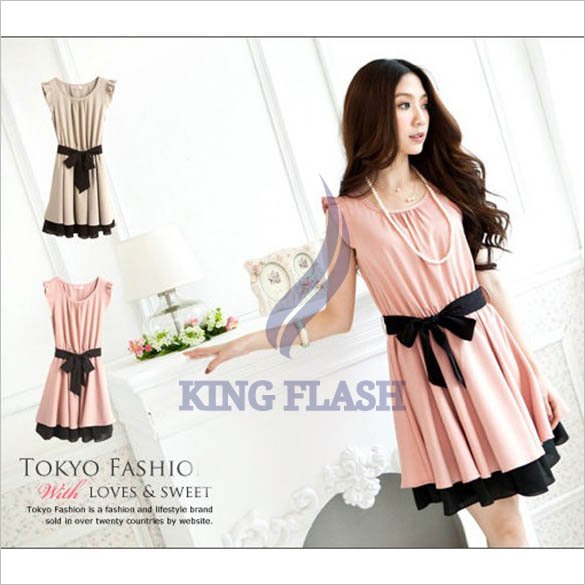 2012 New Korean Fashion Women's Lotus Leaf Round Neck Full Skirt Mini Dress free shipping