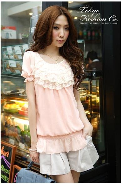 2012 new Korean female Puff sweet multi-layer embroidery lace chiffon shirt