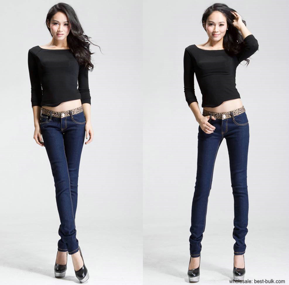 2012 new Korean slim waist leopard flanging pencil pants washed jeans wholesale 2020