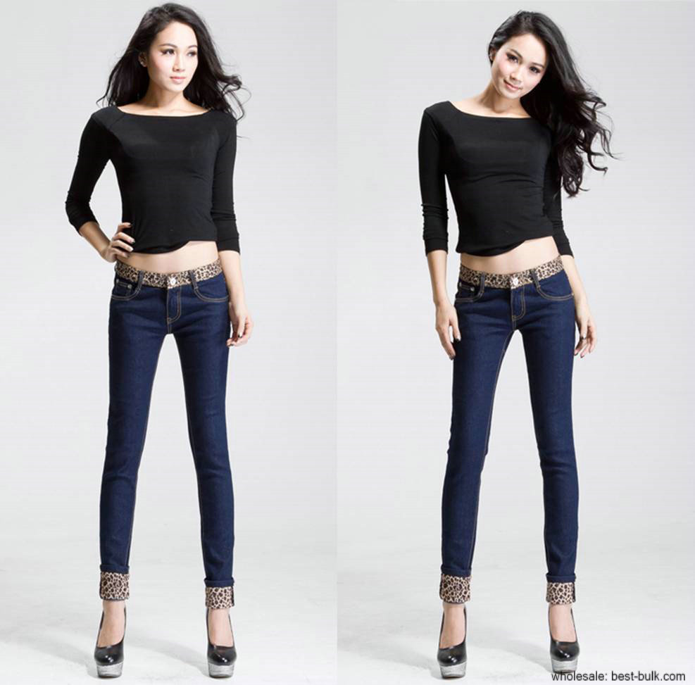 2012 new Korean slim waist leopard flanging pencil pants washed jeans wholesale 2020