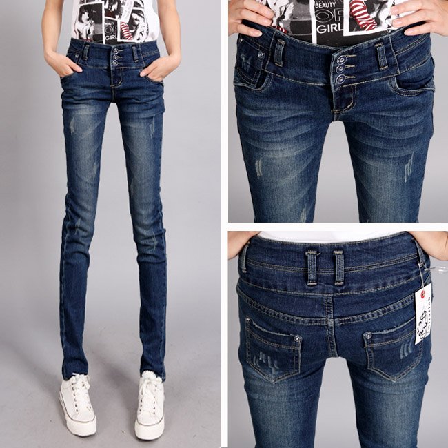 2012 new Korean style distrressed washed high waist ladies jeans deep blue pencil jeans free shipping