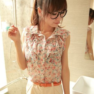 2012 New korean style small floral ruffles chiffon shirts lovely cute women shirts