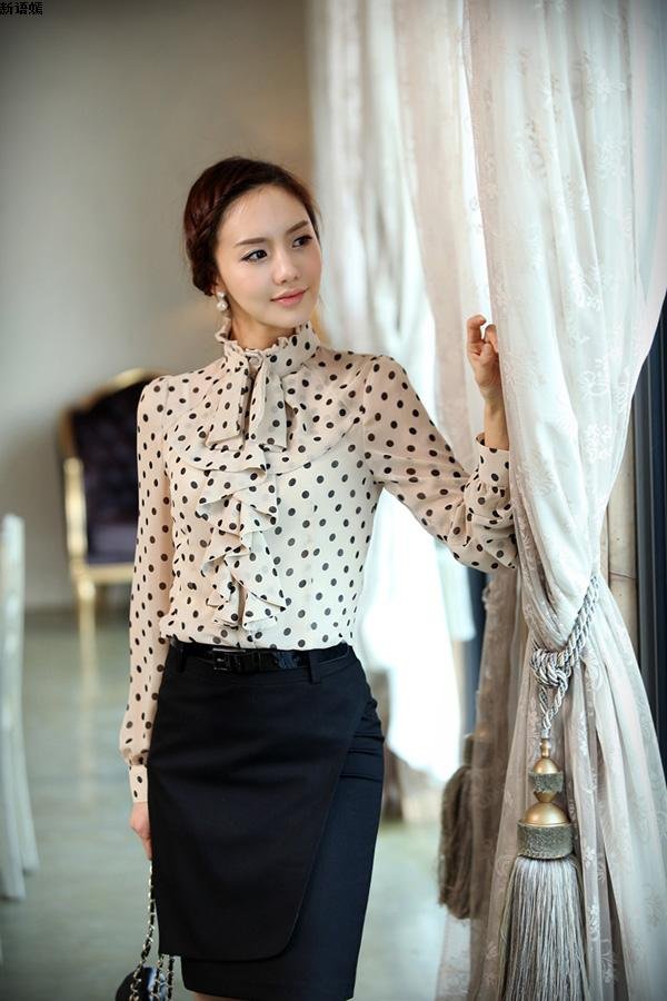 2012 new Korean style T-shirt fashion Slim OL shirt dot lotus leaf collar women long-sleeved blouses beige red  Free shipping