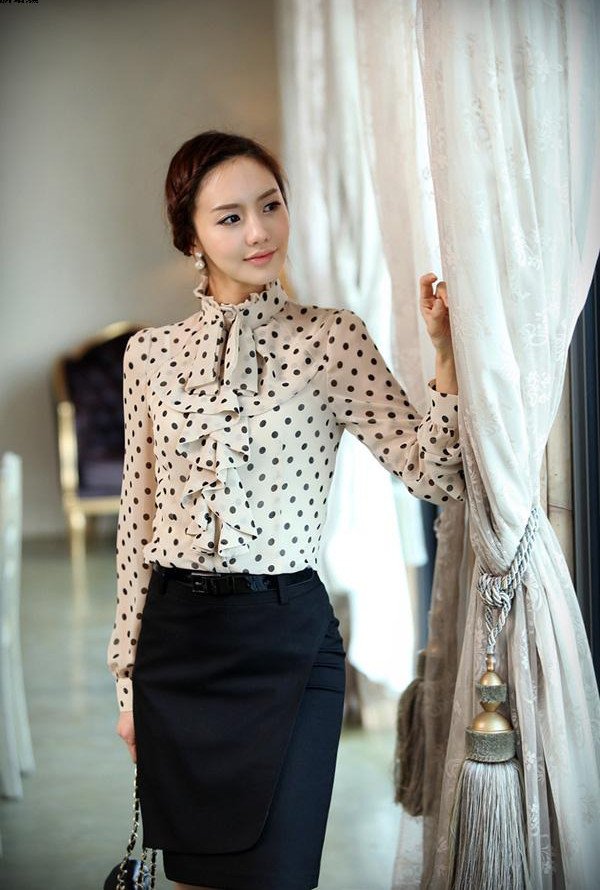 2012 new Korean style T-shirt fashion Slim OL shirt dot lotus leaf collar women long-sleeved blouses beige red Free shipping