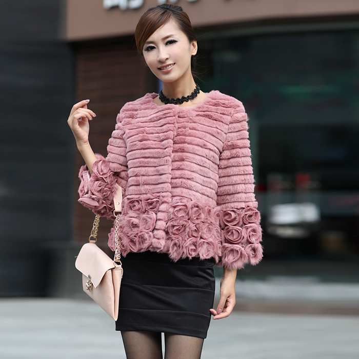 2012 new korean style winter women's rabbit fur coat short top rabbit fur three quarter sleeve adorned with flower ems free ship