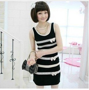 2012 new lace stitching black and white striped cotton Slim vest dress FREE SHIPPING