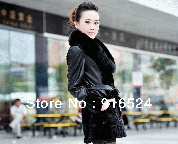 2012 New Lady Winter Clothing Leather Mink Fur Fox Collars Leather Coat  + Free Shipping