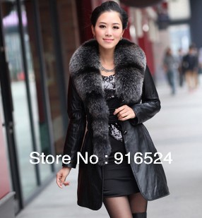 2012 New Lady Winter Clothing Leather Mink Fur Fox Collars Leather Coat  + Free Shipping