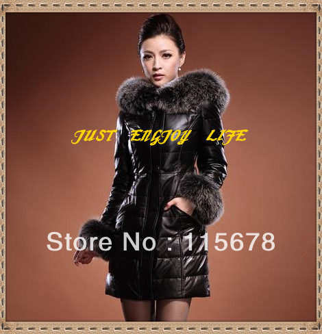 2012 new leather sheepskin leather down jacket lady's medium style large fox collars real leather coat  Free shipping