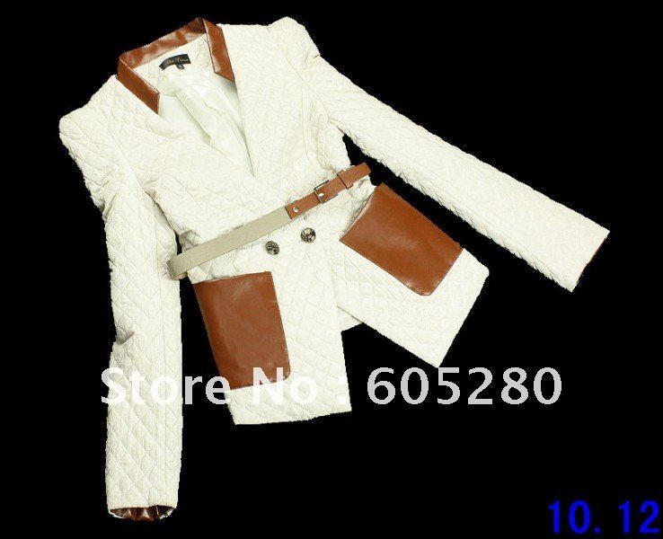 2012 new  Plaid cotton V-neck fight PU leather belt cotton coat