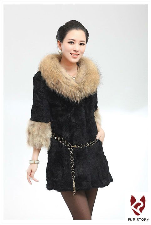 2012 New Real rabbit fur Coat with raccoondog fur collar and cuff jacket overcoat Popular 9colors High Reccomend Shipping free