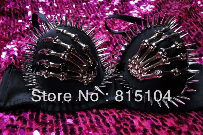 2012 new rivets bikini bra finger skull underwear costume nightclub pole dancing clothing for women Free Shipping Q726