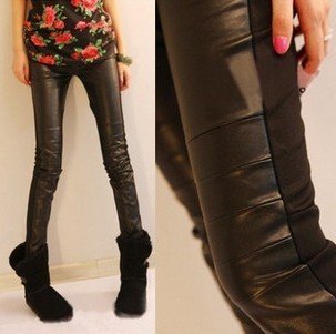 2012 new sell like hot cakes product imitation leather + knitting cotton base pants