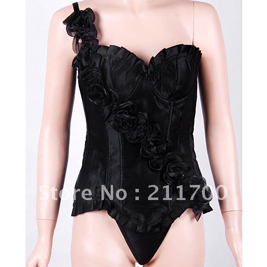 2012 NEW Sexy Ladies Satin One Shoulder Boned Corset Bustier Top Underbust Lingerie G-string Black S M L XL Free shipping