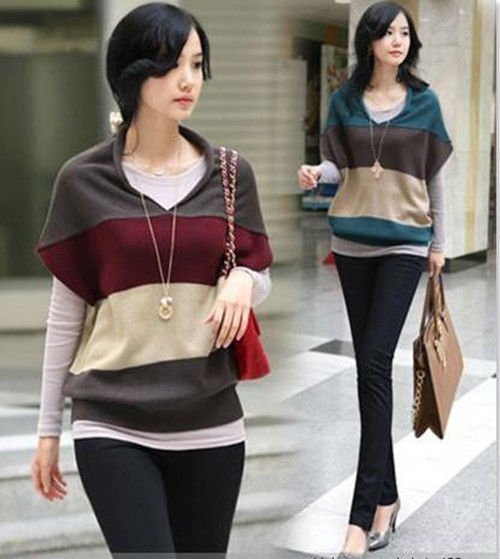 2012 New Short Sleeve V-neck Striped Knitwear Top Sweater Jumper 0061#