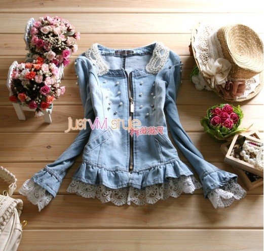 2012 new spring beading o-neck denim jackets women long-sleeve lace split joint jacket free shipping wholesale