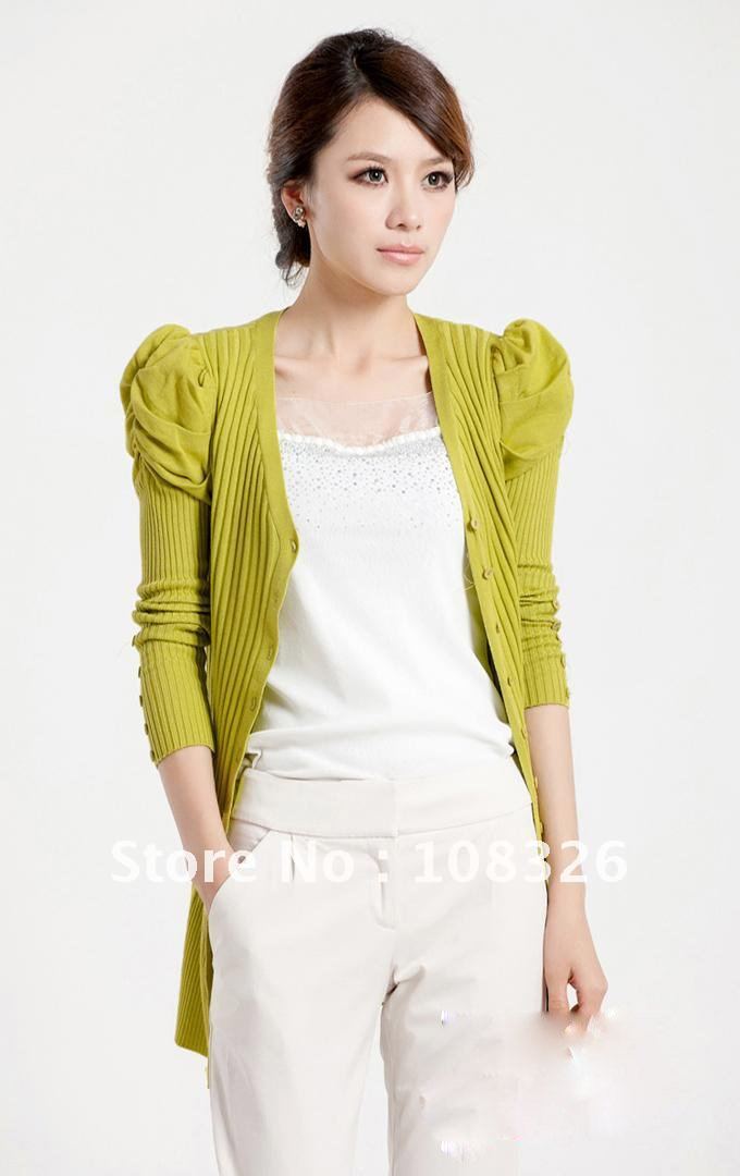 2012 new spring Korean version of Puff Sleeve Long knit cardigan women long sleeve V-neck