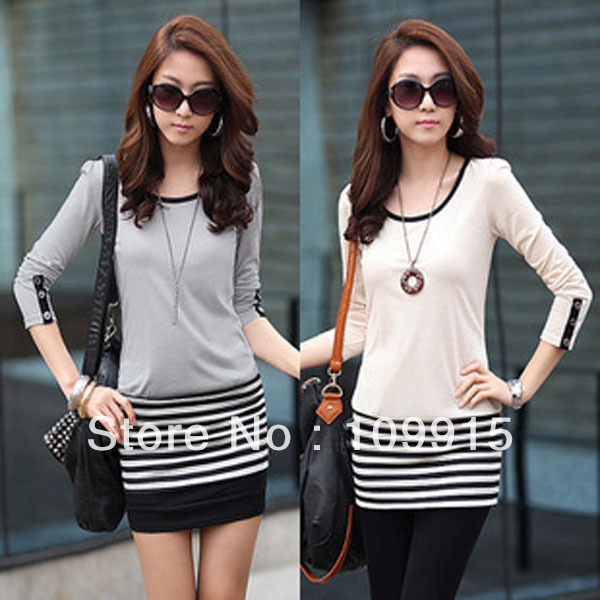 2012 New Strip Fashion Slim Cotton Long Sleeve Shirt Dress Women  HR435