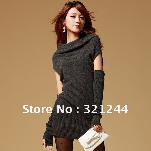 2012 new style fashion women long sweater with sleeve gloves/ boat neck rabbit hair dress/Free shipping