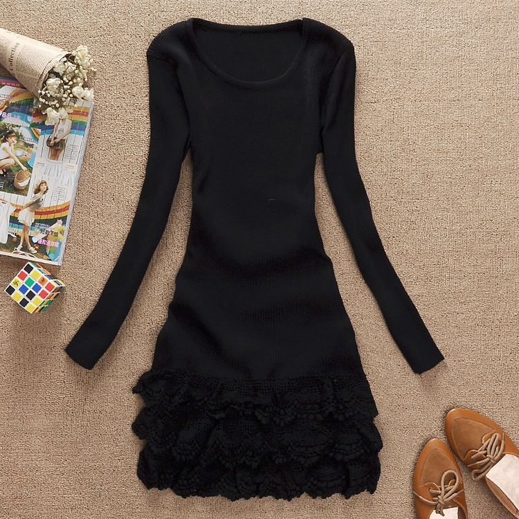 2012 new style for women, o-neck sweep lace crotch patchwork skirt slim sweater, fashion