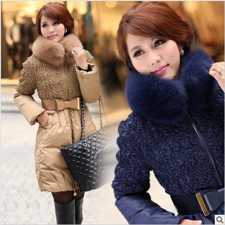 2012 New Style fox fur collar thickening down coat female medium-long winter overcoat ~ wholesale~ 5 colors