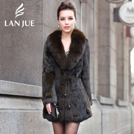 2012 new style fur coat whole rabbit and fox fur v-neck female leather