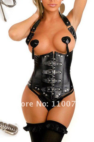 2012 NEW STYLE--Lowest Price--2 Color Black Faux Leather Halter Open Breast Bustier Corset Underbust Steel Boned Shapers Gothic