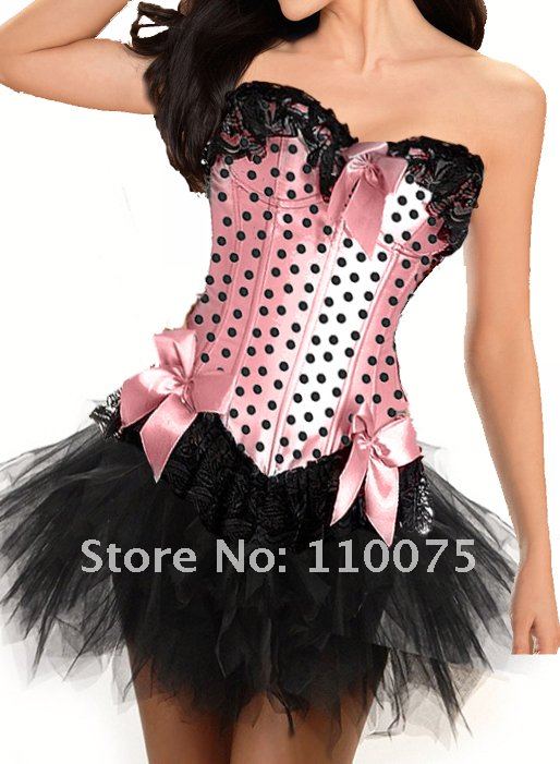 2012 NEW STYLE--Lowest Price--2 Color Pink Black Ruffle Polka Dot Lace Corset Bustiers Tutu Skirt Sexy Lingerie Shaper Gothic