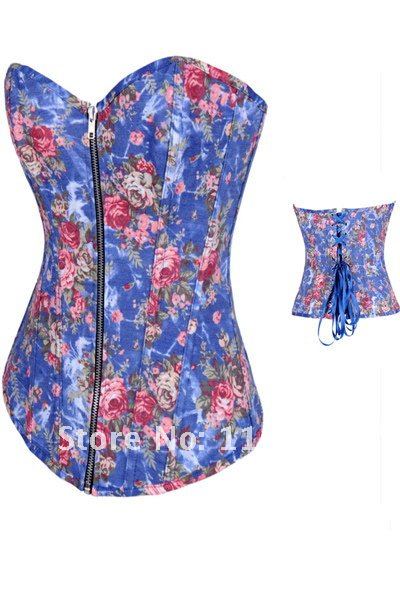 2012 NEW STYLE--Lowest Price--2 Color Sexy Blue Flower Floral Tapestry Print Zip Corset Bustiers Shaper G-string Busk S M L XL