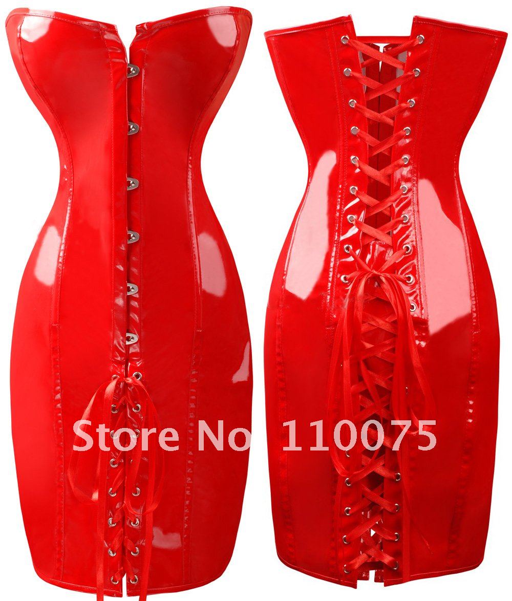 2012 NEW STYLE--Lowest Price--2 Color Sexy Gothic Red Corset Dress PVC Vinyl Boned Bustier top Lace Clubwear Dress Mini Skirt