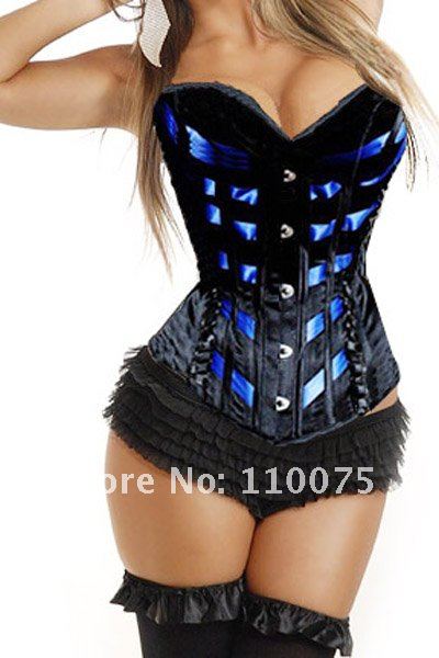 2012 NEW STYLE--Lowest Price--3 Color Sexy Blue Colored Striped Overbust Steel Boned Corset Bustiers Rock Punk Goth Rockabilly