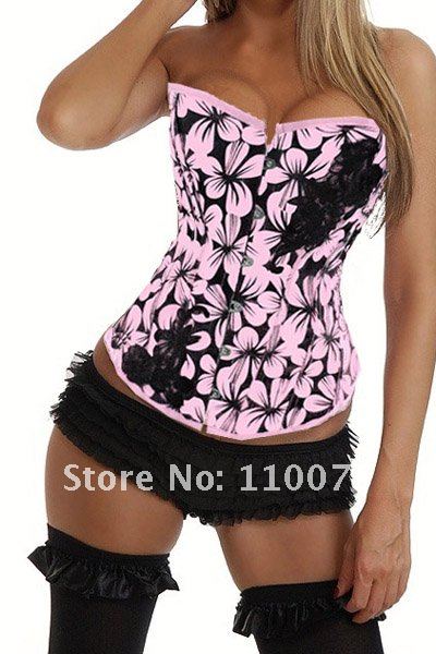 2012 NEW STYLE--Lowest Price--3 Color Sexy Pink Floral Trim Black Basque Corset Bustiers Shapers G-string Lace-up Lingerie Busk