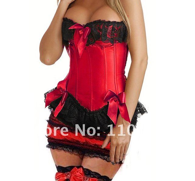 2012 NEW STYLE--Lowest Price--3 Color Sexy Red Black Lingerie Lace Up Boned Corset Bustier Shapers Mini Skirt Dress+G-string