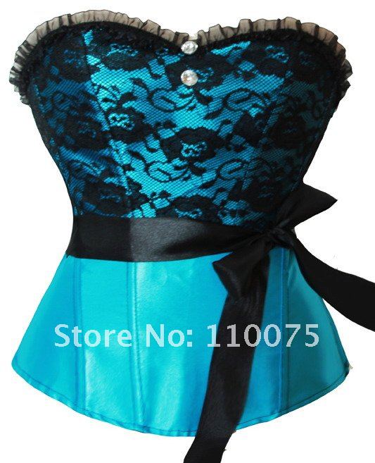 2012 NEW STYLE--Lowest Price--5 Color sexy Blue black plastic boned lace up back corset top bustier with thong Shapers Busk