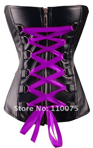 2012 NEW STYLE--Lowest Price--6 Color Lovely Lingerie Black Faux Leather Purple Ribbon Zip Up Bustier Corset G-String S M L XL