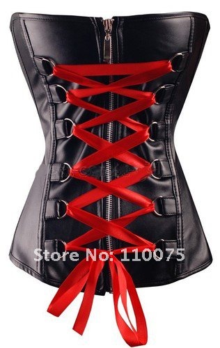 2012 NEW STYLE--Lowest Price--6 Color NEW black Sexy FAKE leather Overbust Boned Corset Red Ribbon Zip Up Bustiers S M L XL