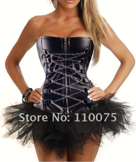 2012 NEW STYLE--Lowest Price--Black Twinkle Faux Leather Zip Corset Lace up Bustier Clubwear Top With Tutu Skirt Size S M L XL