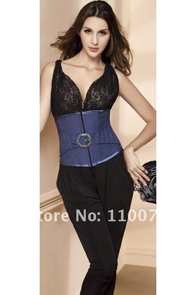 2012 NEW STYLE--Lowest Price--New Blue Bow Black Brocade Satin Boned Underbust Cincher Corset bustiers Shaper Sexy Lingerie Busk