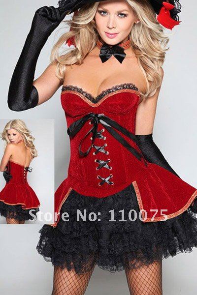 2012 NEW STYLE--Lowest Price--New SEXY Red Brocade Lace Overlay Burlesque Basque Corset Corset Tops and Skirt Lingerie Set