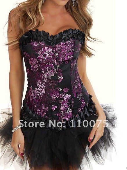 2012 NEW STYLE--Lowest Price--NEW Women Sexy Full Purple Flower Satin Lace up Corset lingerie Tutu Skirt G-string Gothic Busk